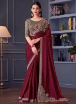 Sattin Silk Maroon Party Wear Embroidery Work Saree